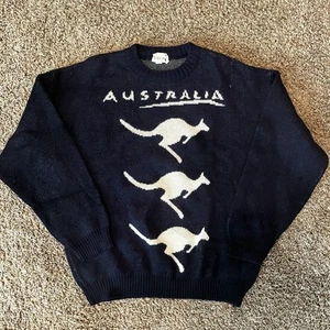 Vintage 90s Aussie Roo Australia Kangaroo Blue Knit Blue Crewneck Sweater Mens M - Picture 1 of 5
