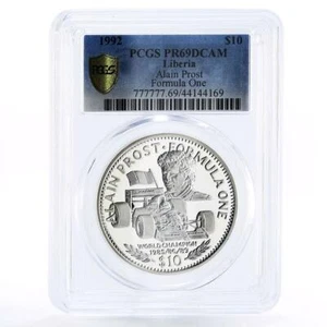 Liberia 10 dollars Formule One Races Alain Prost PR69 PCGS silver coin 1992 - Picture 1 of 2