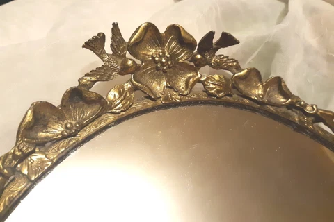 Vintage Art Deco Oval Vanity Tray Mirror w Floral Bird Design Stamped Globe 19 Cover