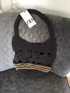 Zara borsa a tracolla donna in iuta nera intrecciata con borsa con cordino/cordino nuovissima - Foto 1 di 3