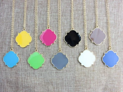 Personalized Enamel Disc monogram Blank Quatrefoil Clover Pendant Long Necklace - Image 1 of 4