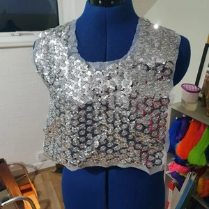 SILBER Pailletten Kragen Ausschnitt Passe Brust Applikation für Kaftan Kleid Jacke - Bild 1 von 1