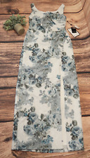 Adrianna Papell Metallic Floral Print Gown Glacier Blue Shiney Dress Slit 10