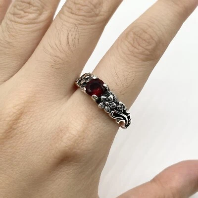 Red Garnet Women Flower Daisy Rose CZ Stone Men Vintage 925 Sterling Silver Ring - Image 1 of 4