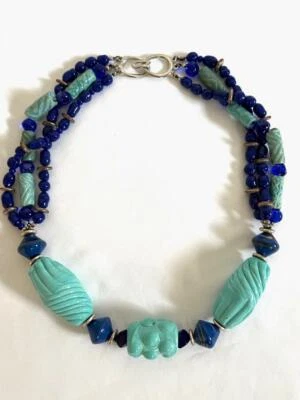 Collar de cuentas de vidrio + cerámica azul lapislázuli turquesa sin estampar 22,5" L 222,5 G Foto 1 de 4