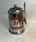 VTG Made In England Hammered Metal Coffee Cannister & Spoon Ruby Red Insert