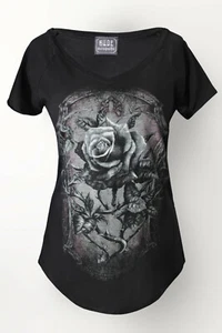 RD5 Gothic Black Longline Top V-neck T-shirt Rose size 10 /12 - Picture 1 of 4