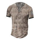 Mens Vintage Henley Button V Neck Tops Casual Short Sleeve Pullover T Shirt UK