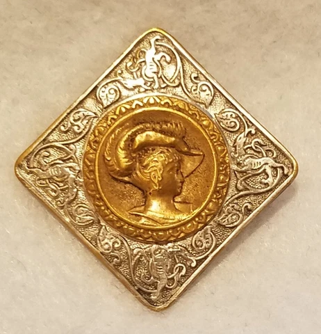 ANTIQUE SQUARE BRASS BUTTON W/THE HEAD OF A YOUTH/DOG BORDER DESIGN, 1-7/16" Cover