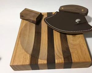 PAQUETE - Cuchillo picar funda de cuero oscuro hecha a mano Ulu fábrica mango de madera de nogal - Imagen 1 de 10