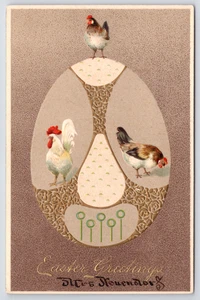 1910s Easter Postcard - Arts and Crafts Movement - Rooster, Hens, Egg Unposted - Picture 1 of 3