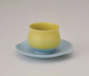 Japanese Tea Bowl Chawan with Plate Yellow Blue Pottery Tea cup Mino ware - Picture 1 of 1