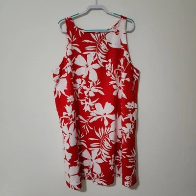 Vestido de verão feminino Ava-Viv mistura de linho linha A vermelho branco floral colorido praia tamanho 2X - Imagem 1 de 4