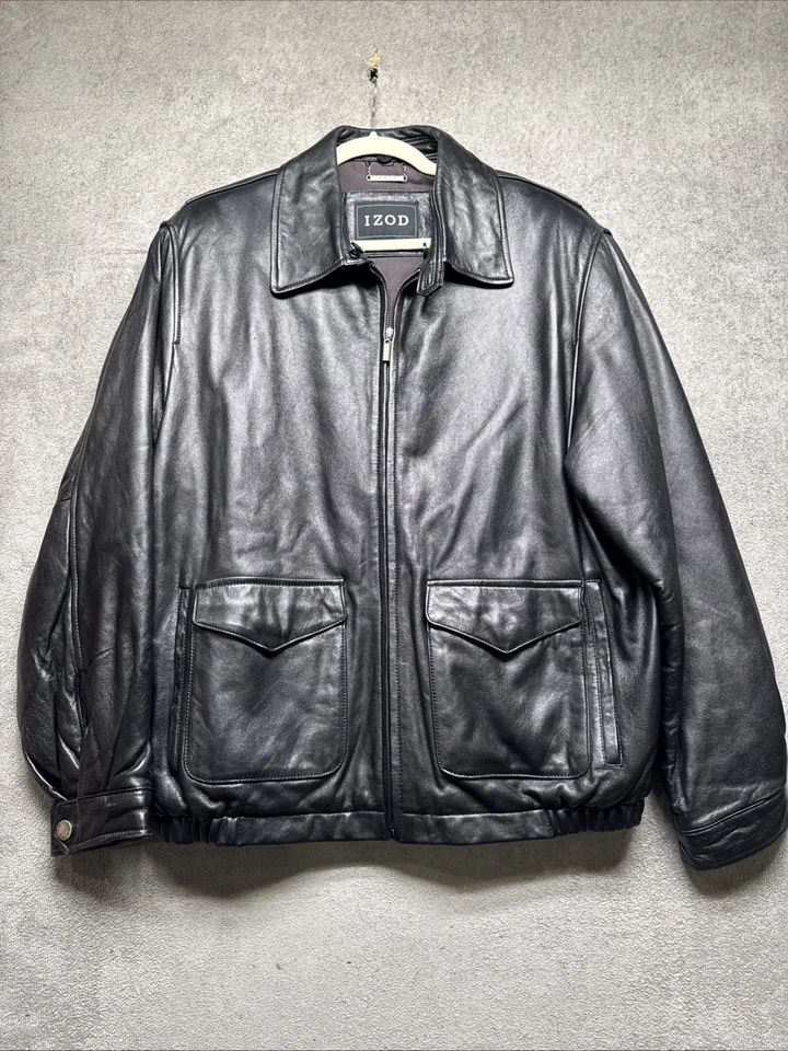 Chaqueta de Cuero Izod Negra Para Hombre Grande Clásica Bombardero Moto Estilo Core Foto 1 de 4
