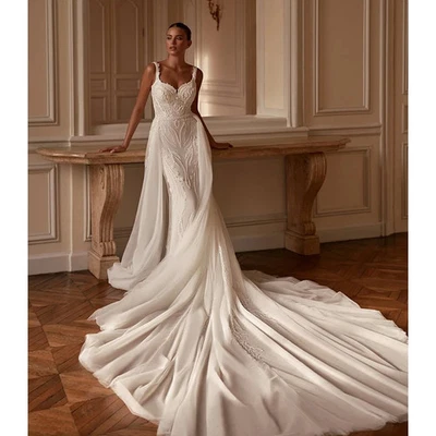 Luxury Detachable Train Wedding Dresses With Embroidery Bead Mermaid Sleeveless - Image 1 of 4