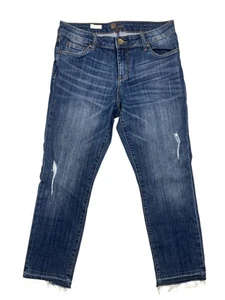 KUT from the Kloth Reese Ankle Straight Leg Jeans 8 Distressed Raw Hem Dark Wash - Picture 1 of 9