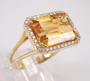 Anillo de oro amarillo de 14K citrino y diamantes corte esmeralda halo montura nupcial - Imagen 1 de 8