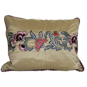 SFERRA Silk Decorative Pillow 18X14 Sage Green Floral Embroidery Boho India - Picture 1 of 9