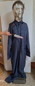 Halloween Slasher Stabber Costume XL Blue Coveralls Face Mask Plastic Knife - Picture 1 of 10