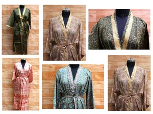 Silk Sari Kimono Night Wear Women Long Dress Beach Cover up Kaftan Gown Lot 10Pc - Picture 1 of 12