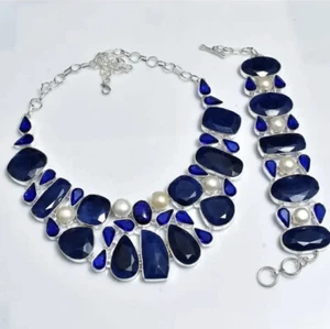 Bold & Beautiful Simulated Sapphire Tanzanite Necklace+Bracelet Jewelry 183 Gms - Picture 1 of 3