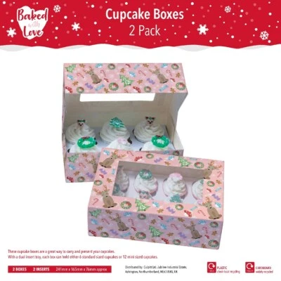 Christmas Cupcake Box Window  in PINK Hold 6 Cake Box, 2 Pack Magical Woodland - Image 1 of 4