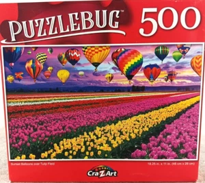 Sunset Balloons Over Tulip Field 500 Piece Deluxe Jigsaw Puzzle - Picture 1 of 3