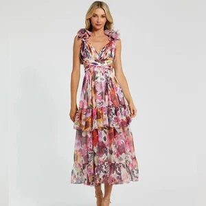 Mac Duggal NWT Multicolor Floral Ruffle Tiered Cut-Out Floral Chiffon Dress - Picture 1 of 9