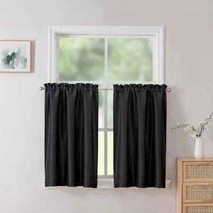 Uptown Black Faux Silk Room Darkening Tier Curtains 30x36 for Small Windows - Picture 1 of 13