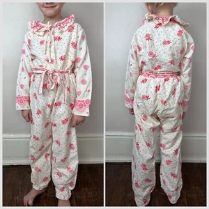 Vintage 1950s Pink Floral Polka Dot Flannel Pajamas Girls Size 5 50s PJs - Picture 1 of 5