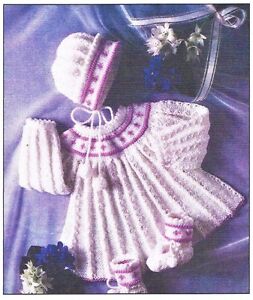  Knitting pattern.Baby Dress, bonnet & booties.+ Newborn, DK, matinee set. girl.