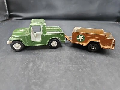 Lot Of 2 1969 TootsieToy Green Army Jeep And Brown Trailer Vintage Diecast - Image 1 of 4