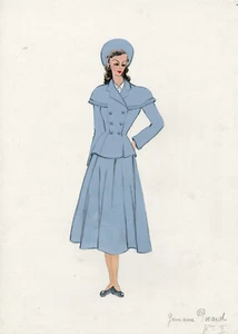 "HAUTE-COUTURE KLEID PROJEKT" Original Gouache Modell Germaine POCARD 1940 - Bild 1 von 1