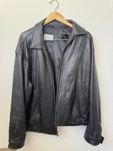 Hathaway Mens Black Leather Long Sleeve Full-Zip Bomber Jacket Size Large - Picture 1 of 7