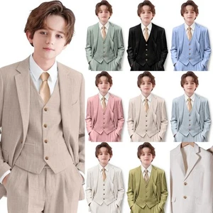 Linen Boy Suits Summer 3 Pieces Formal Wear For Kids Breathable Jacket Pant Vest - Picture 1 of 23