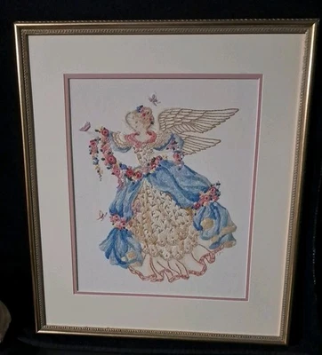 VINTAGE EXQUISITE CREWEL EMBROIDERY ANGEL/BUTTERFLY FRAMED 24X21 - Image 1 of 4