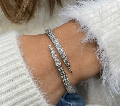 Diamond Bangle Emerald Bracelet VS F 4.5 Carat Lab Created 14K White Gold - Image 1 of 4