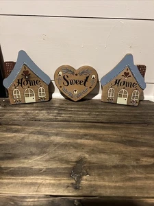 Vintage Home Interior Holz Home Sweet Home Haus Herz handbemalt Volkskunst 3 Stück - Bild 1 von 8