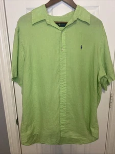 Ralph Lauren Polo Shirt Linen Button Down Lime Green Short Sleeve Blue Pony XL - Picture 1 of 5