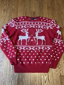 Roots Chunky Wool Sweater Red And White Reindeer Snowflakes Vintage