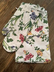 APRIL CORNELL TEA TOWEL POT HOLDER OVEN MITT IRIS WHITE FLORAL KITCHEN 4 PC SET - Picture 1 of 2