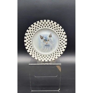 1950s Norcrest Japan Hand Painted White & Gray Cat Lattice Porcelain Dish Lovely - Picture 1 of 6