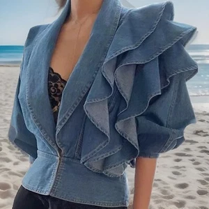denim jacket women L With Ruffles - Picture 1 of 6