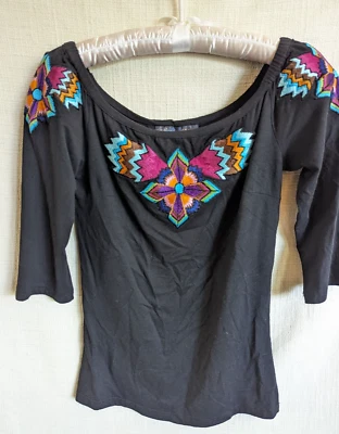 VINTAGE COLLECTION Med Floral Embroidered Western Off Shoulder Black Ballet Top - Image 1 of 4
