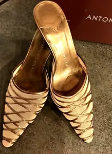 Zapatos ANTONIO MELANI Oro Bronce Malla Transparente Cuero Tacón Gatito Mulas Talla 6 Nuevos en Caja - Imagen 1 de 10