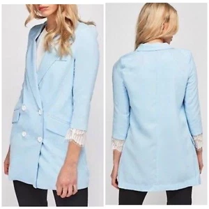 Womens BNWT Blue 3/4 Sleeve Lace Trim V Neck Double Breast Long Blazer - UK10 - Picture 1 of 6