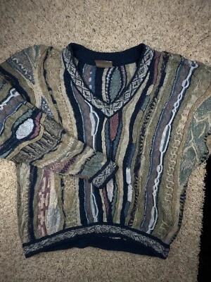 COOGI Classic Sweater Multicolor Intricate 3D Abstract V Neck XL Linen Cotton - Image 1 of 4