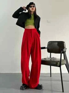 Red Suit Pants for Women Wide Leg Trousers Vintage Streetwear High Waist 10 12 - Picture 1 of 17