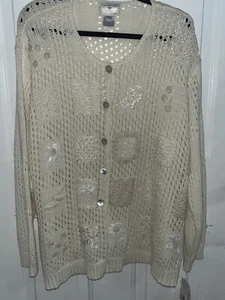 Vintage Susan Bristol bestickter Pullover Knopfleiste creme Größe 3W neu mit Etikett - Bild 1 von 14