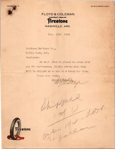 Floyd & Coleman Nashville AR 1922 Letterhead Firestone Dealer Tires - Zdjęcie 1 z 2